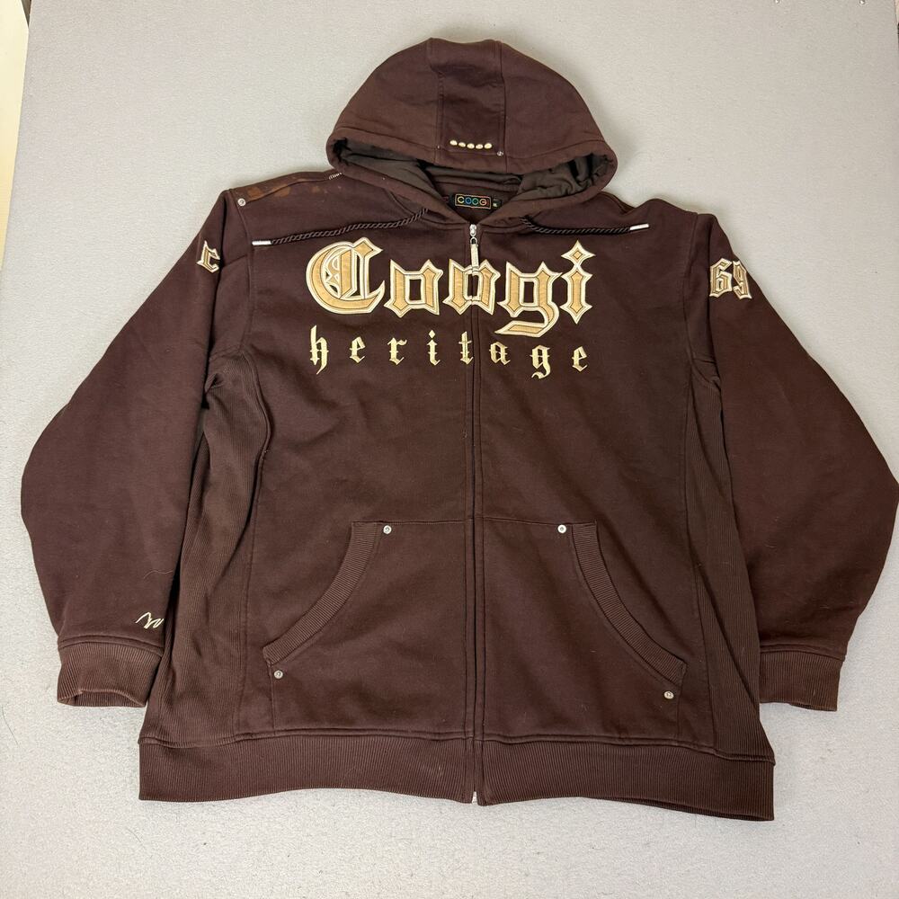 COOGI Heritage Brown Full Zip Hoodie 3XL Embroidered Spellout Y2K Streetwear